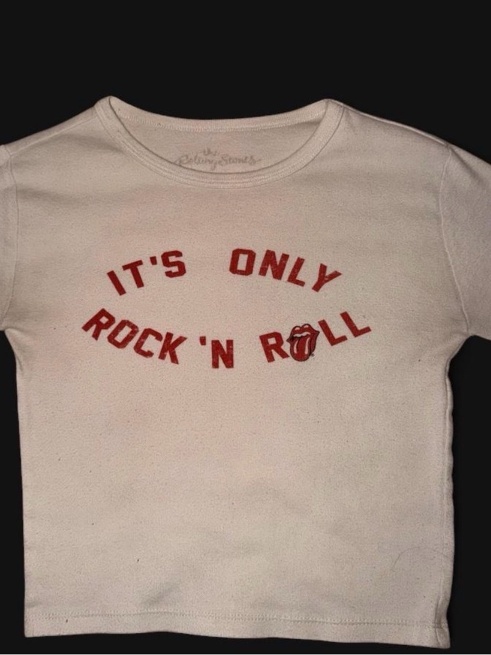 the Rolling Stones White Crop Top with Red Rock 'N' Roll Graphic